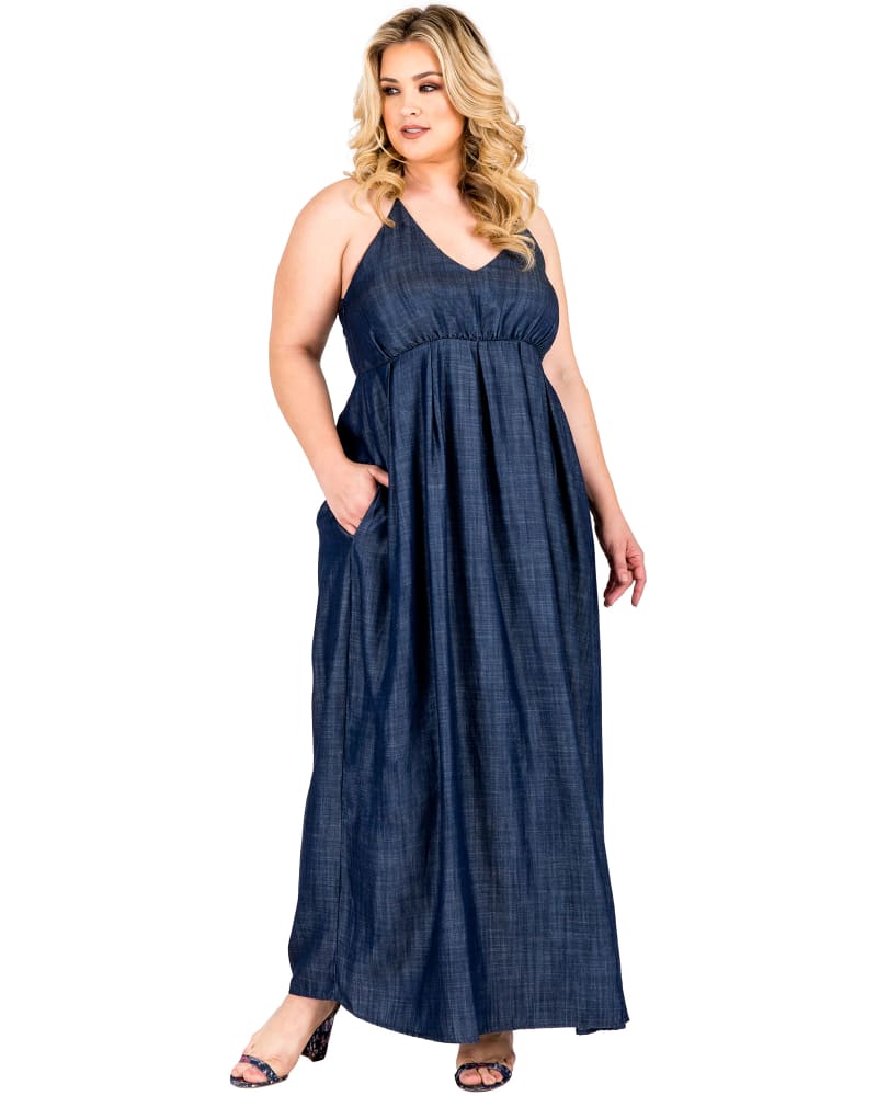 Plus Size Madelyn Halter Neck Denim Maxi Dress Dark Rinse